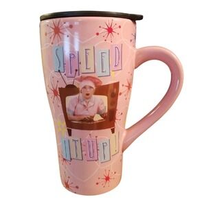 I Love Lucy Pink Ceramic Travel Mug Speed It Up Chocolate Factory Vandor 2008